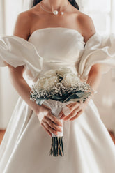 Romantic White A-Line Strapless Sleeveless Sweep Train Simple Satin Wedding Dresses